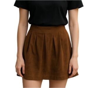 LUISA SPAGNOLI Suede Box Pleated Mini Skirt Brown Lined Bubble Hem S